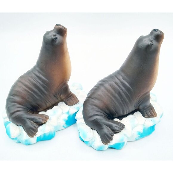 Seal Figurines On Ice Floe Base 4.5 Inch Resin Brown Arctic Animal Set of 2 - Picture 10 of 16